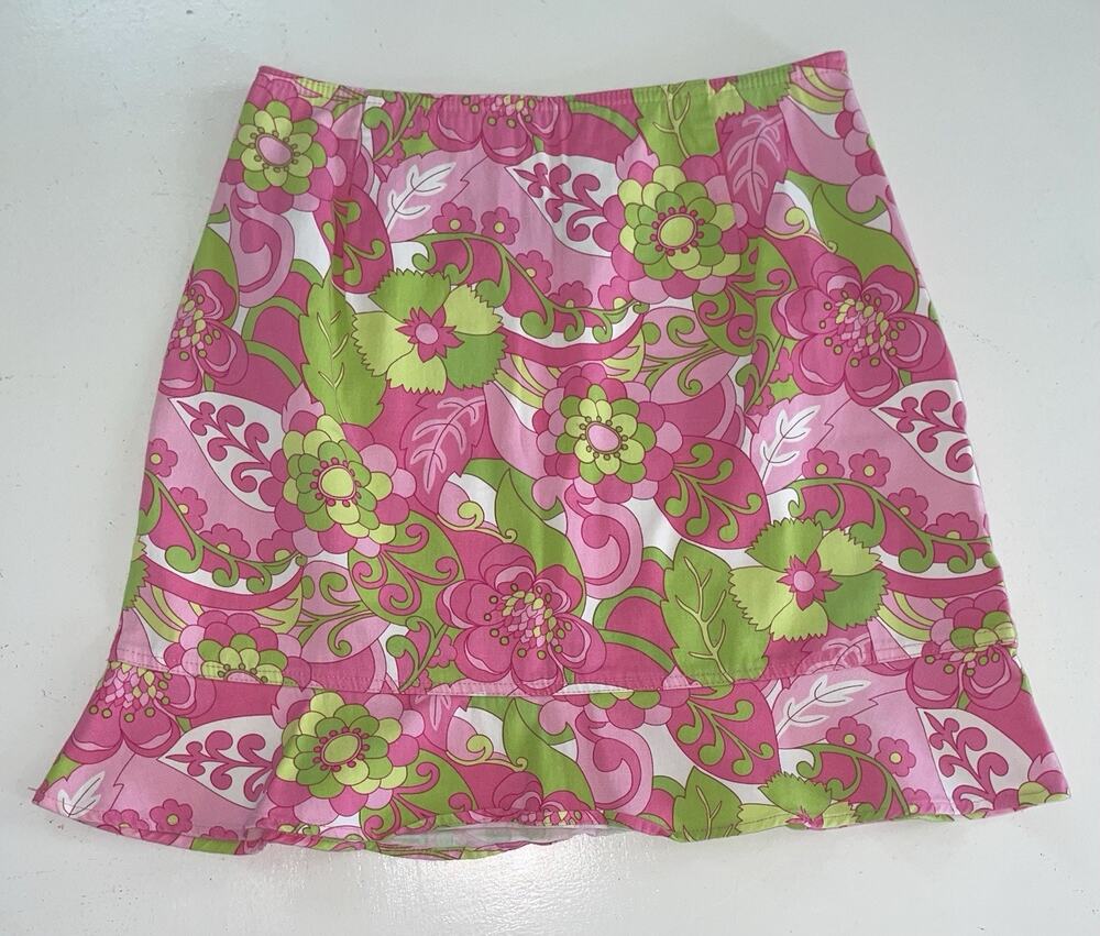EUC Briggs Retro Print Mini Skirt Pink Green Paisley Ruffle 6 Petite Floral